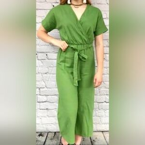 New CesFemme Green Jumpsuit with Tie Waist and Wide-Leg Design